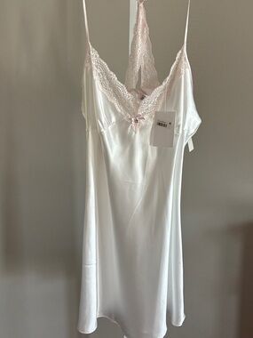 Linea Donatella White Slip Dress with Pale Pink Lace Trim